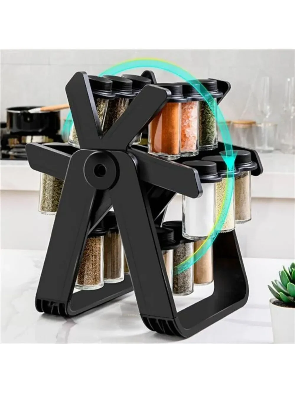 Rotating spice rack with 18 glass jars ferris wheel countertop kitchen organizer